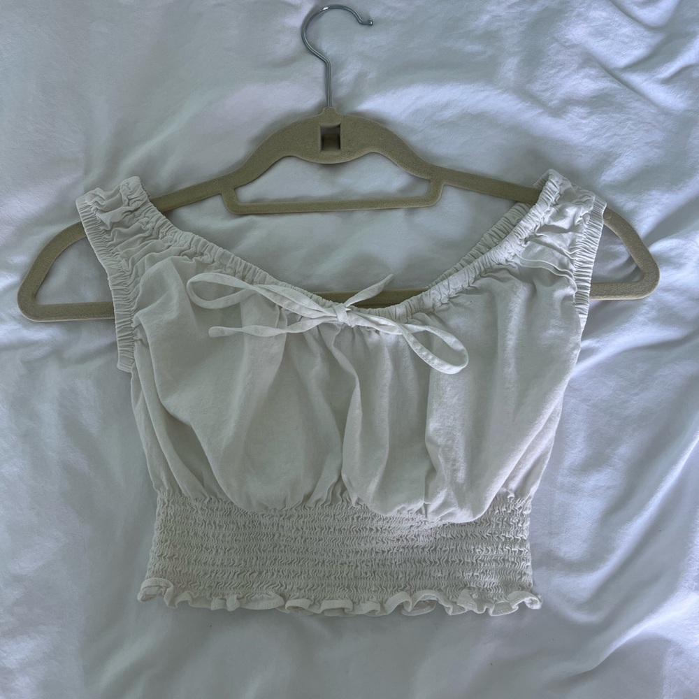 Brandy Melville White Sleeveless Crop Top with Tie Front and Smocked Waist